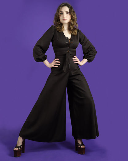 Vintage 1970s Chocolate Brown Palazzo Pant Suit Wide Leg Flares Balloon Sleeve