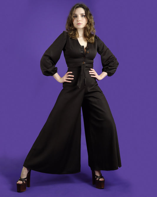 Vintage 1970s Chocolate Brown Palazzo Pant Suit Wide Leg Flares Balloon Sleeve