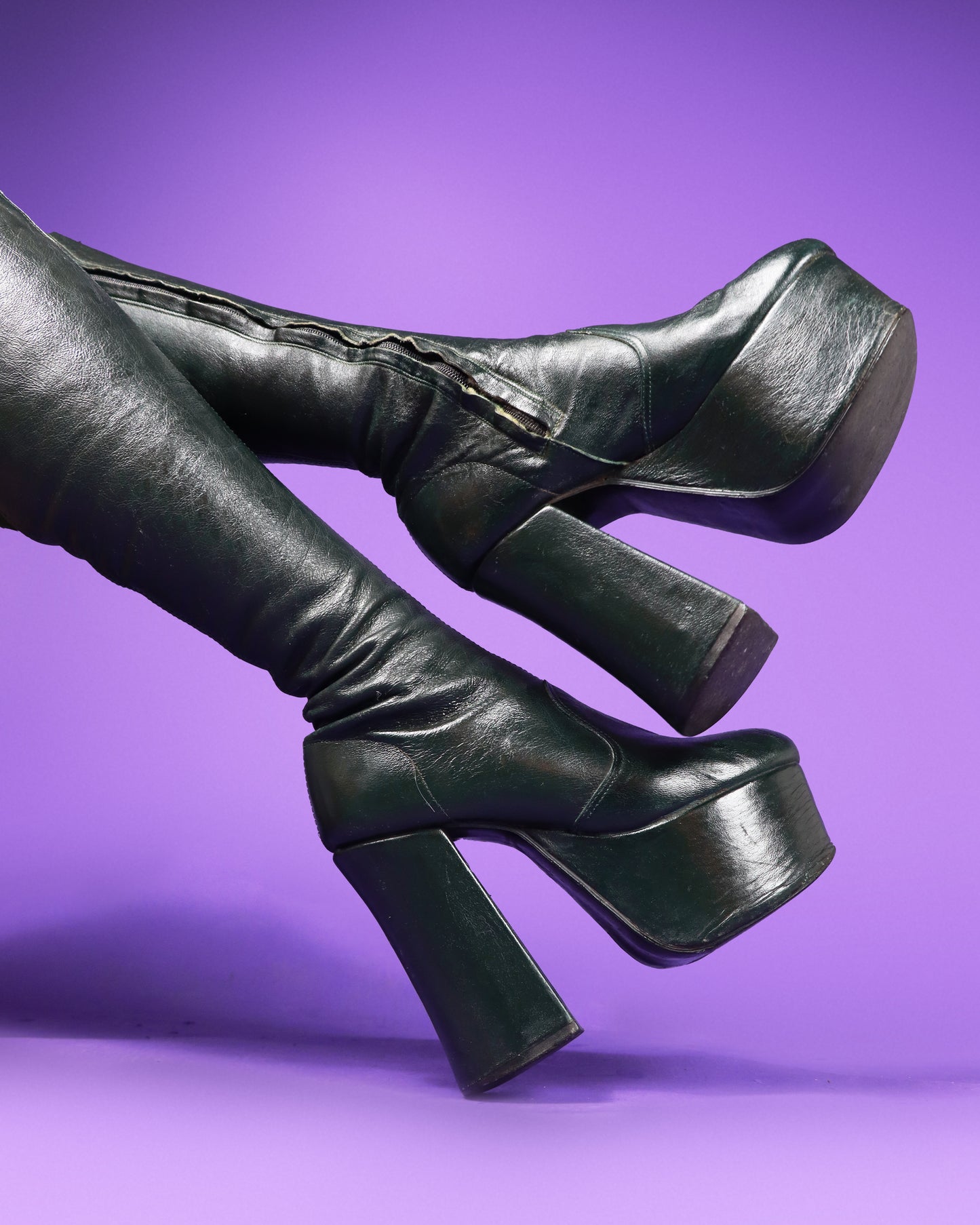 Vintage 1970s Bottle Green Leather Platform Boots