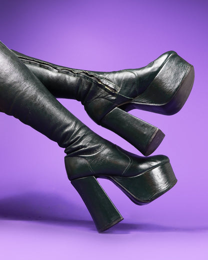 Vintage 1970s Bottle Green Leather Platform Boots