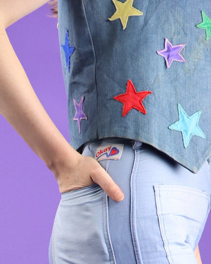 Vintage 1970s Glam Rainbow Stars Appliqué Customised Denim Vest