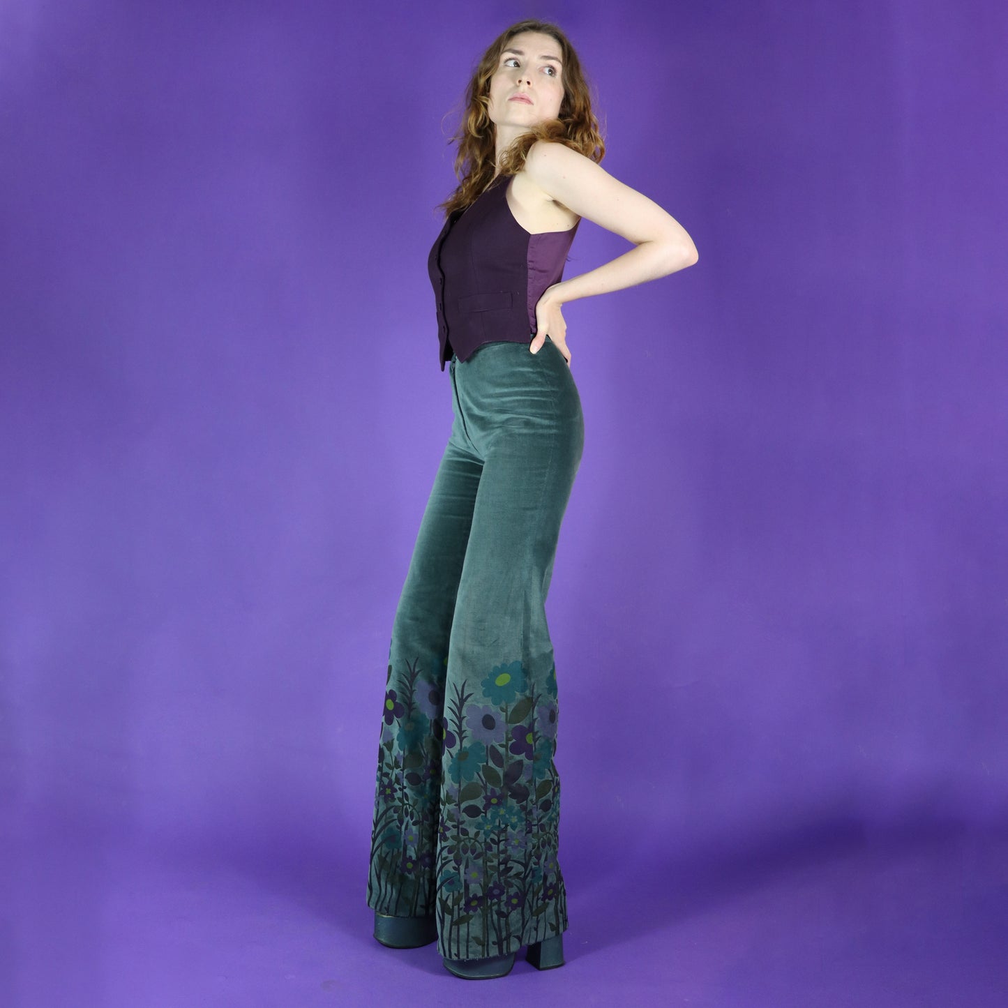 RESERVED::: Vintage 1970s Psychedelic Floral Printed Teal Velvet Flares