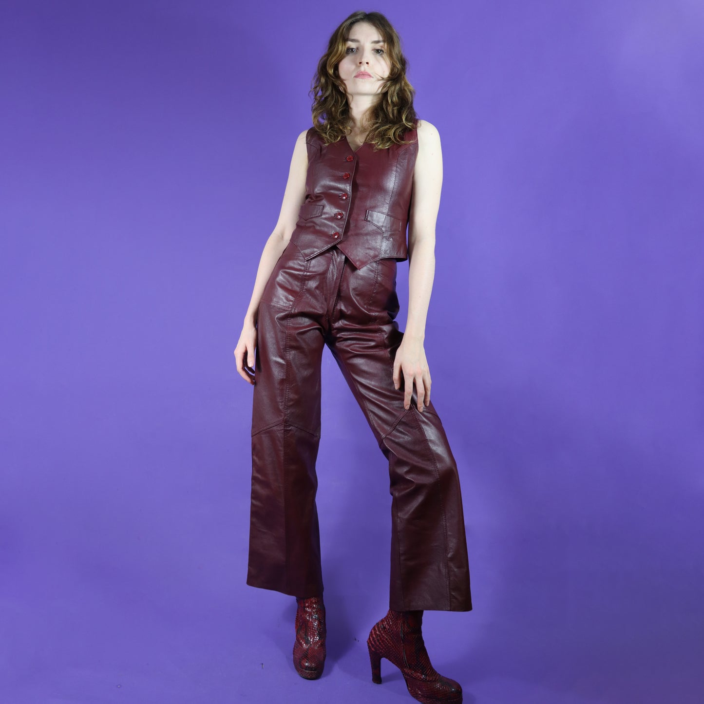Vintage 1970s 3 Piece Burgundy Leather suit