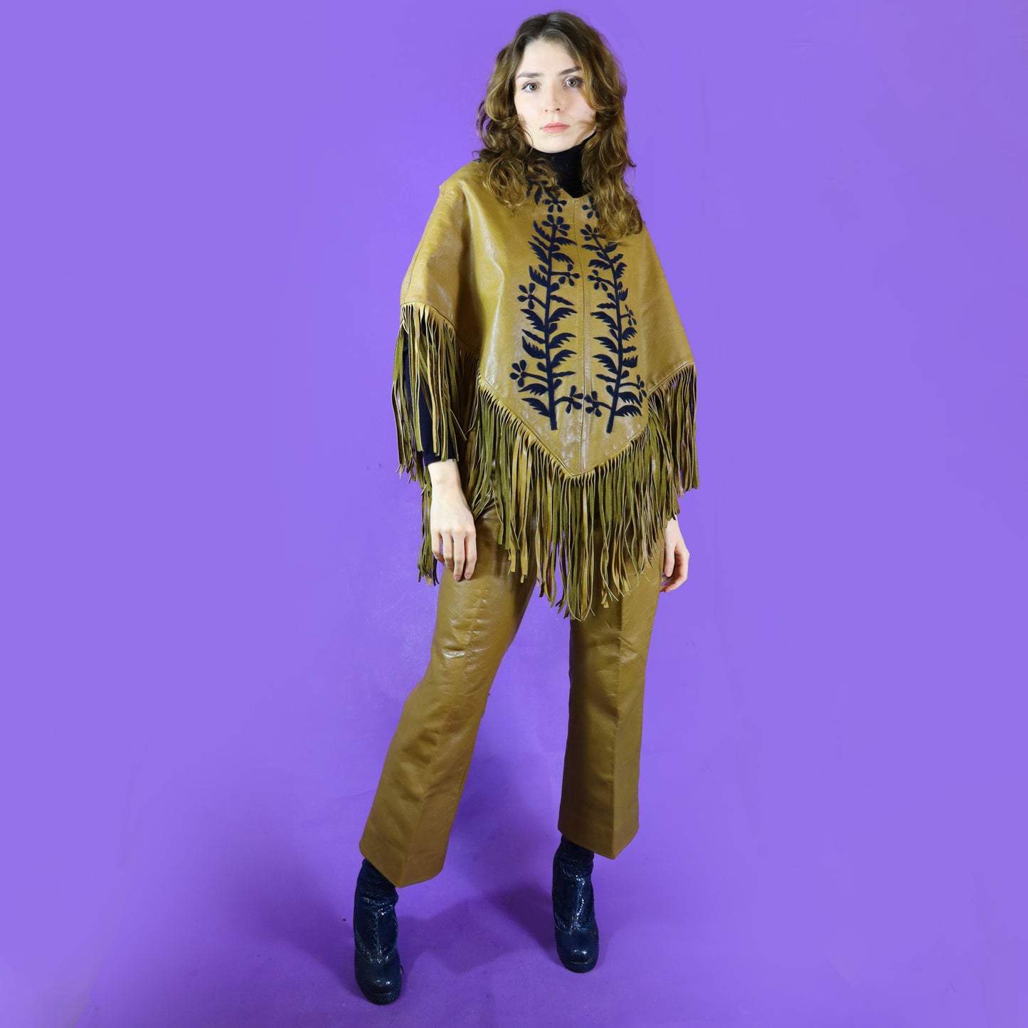 Vintage 1970s Mexican Leather Poncho Suit