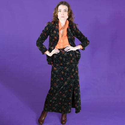 Vintage 1970s Floral Velvet Maxi Skirt Suit Set