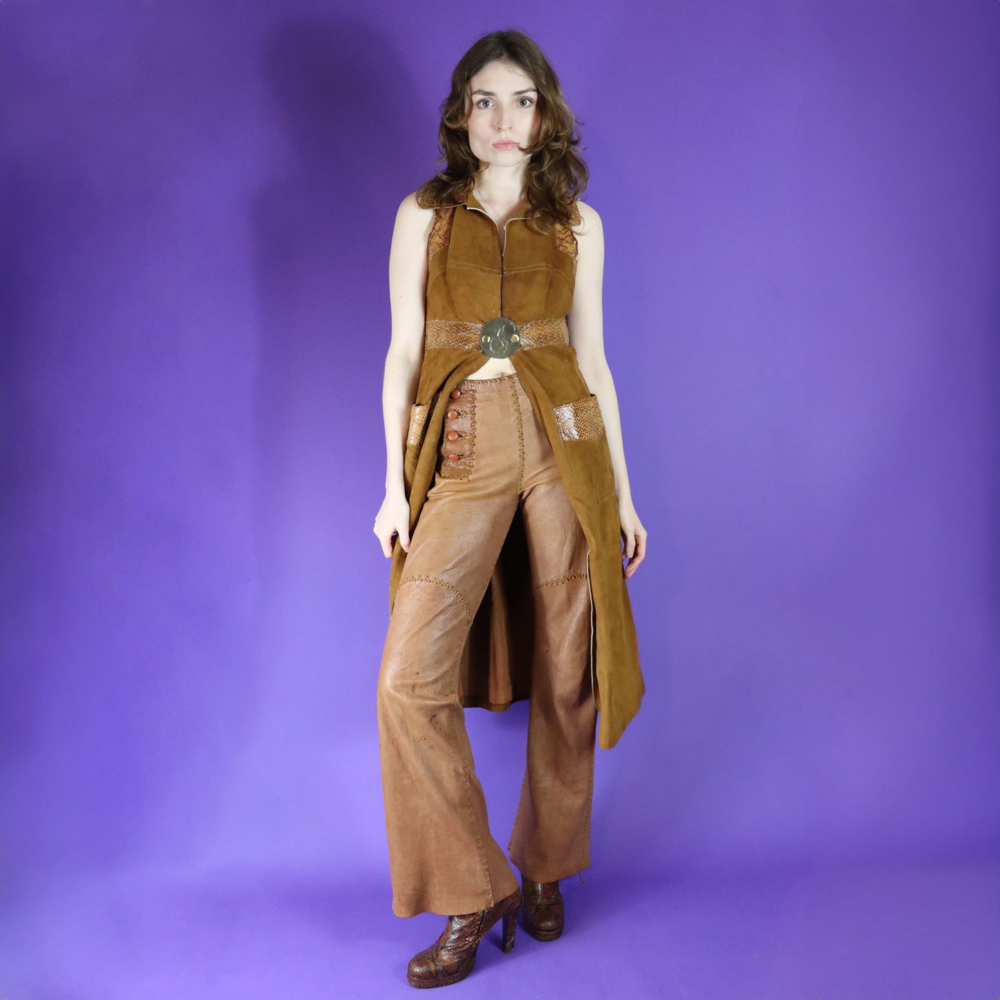 Vintage 1970s North Beach Leather Camel Whipstitch Flares