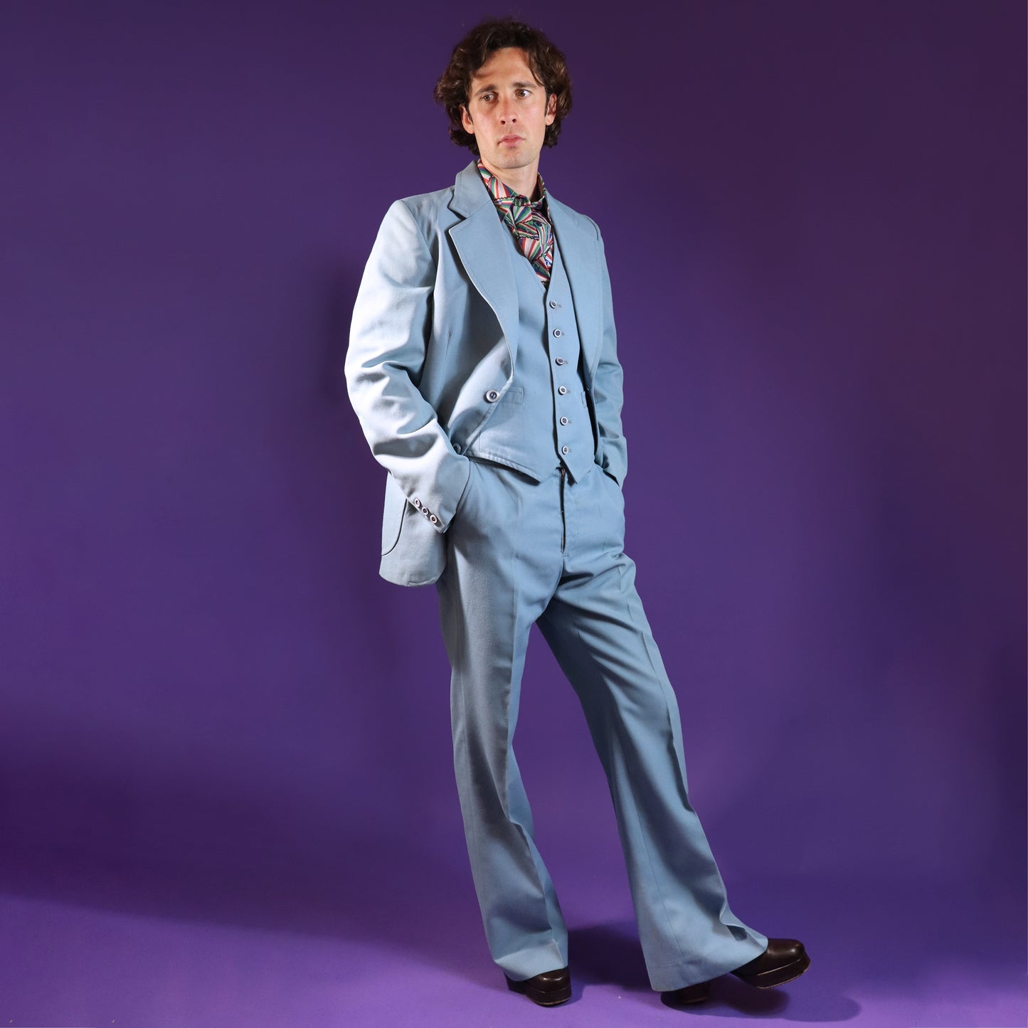 Vintage 1970s Sky Blue 3 Piece Tailored Suit