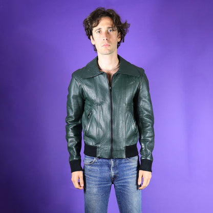 Vintage 1970s Bottle Green Bomber Leather Jacket