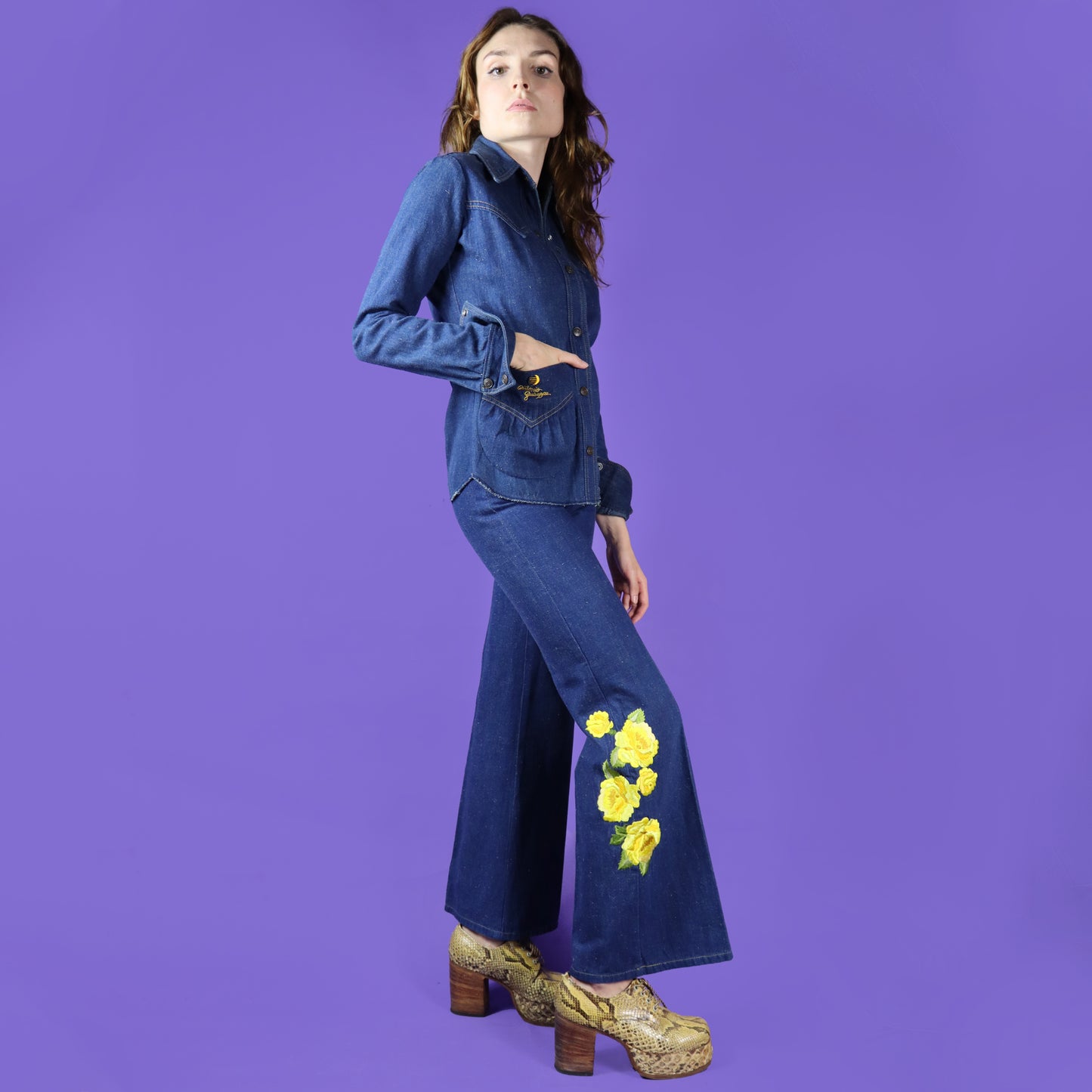 Vintage 1970s Antonio Guiseppe Yellow Roses Embroidered Denim Suit Cowgirl
