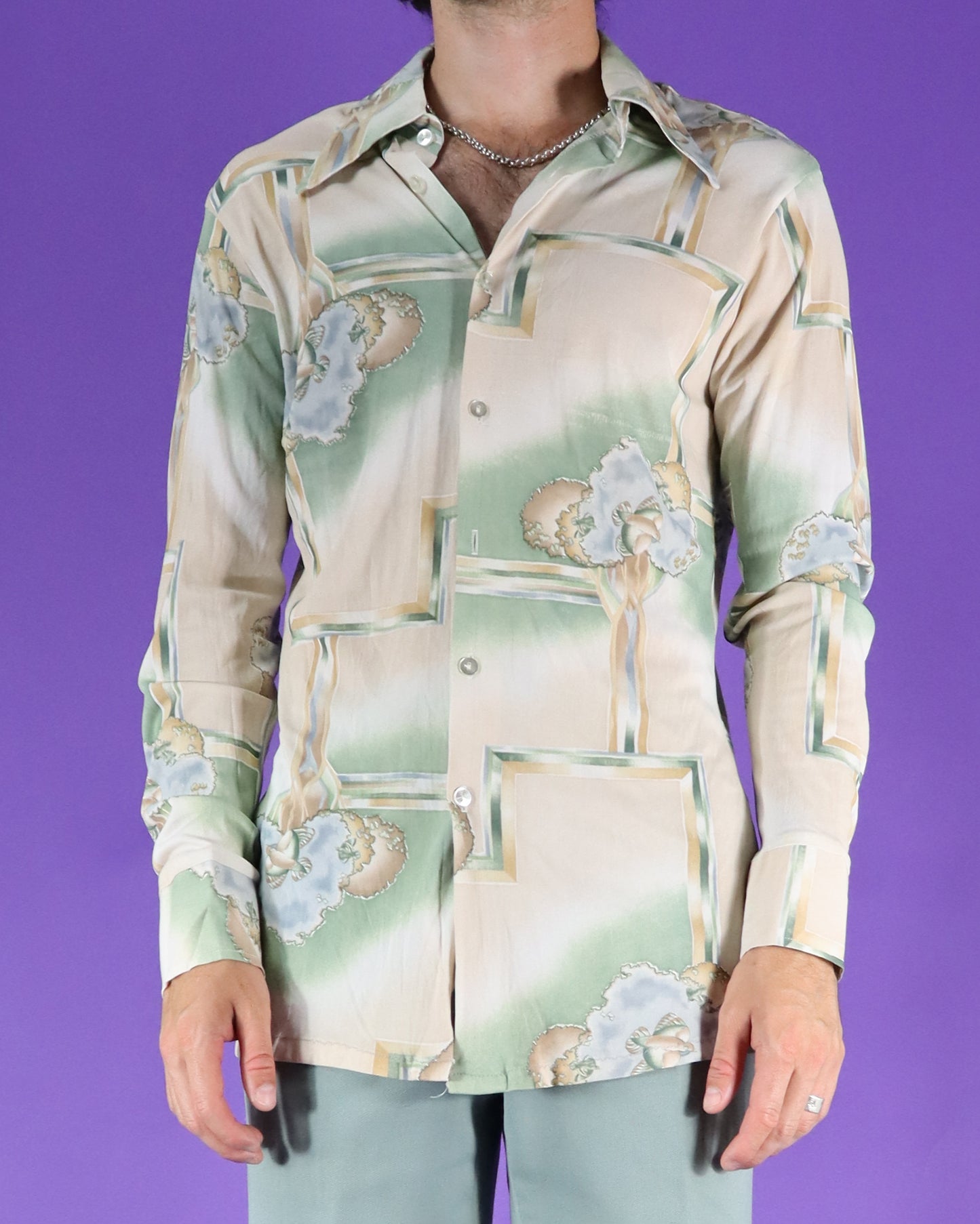 Vintage 1970s Disco Shirt Trees and Birds Print