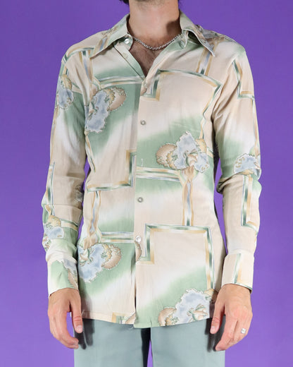 Vintage 1970s Disco Shirt Trees and Birds Print