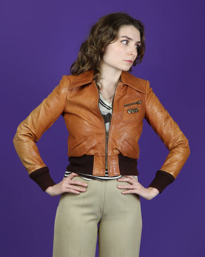 Vintage 1970s Gandalf Tan Leather Bomber Jacket