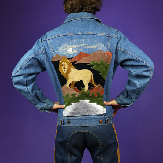 Vintage 1970s Hand Appliquéd Leather Patchwork Lion Denim Wrangler Jacket