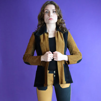 Vintage 1970s Two Tone Gold and Black Suede Beagle Collar Jacket