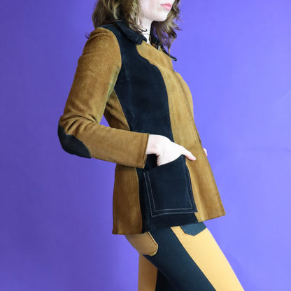 Vintage 1970s Two Tone Gold and Black Suede Beagle Collar Jacket