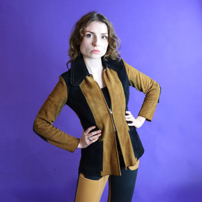 Vintage 1970s Two Tone Gold and Black Suede Beagle Collar Jacket