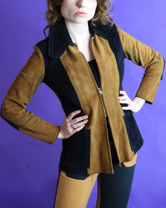 Vintage 1970s Two Tone Gold and Black Suede Beagle Collar Jacket