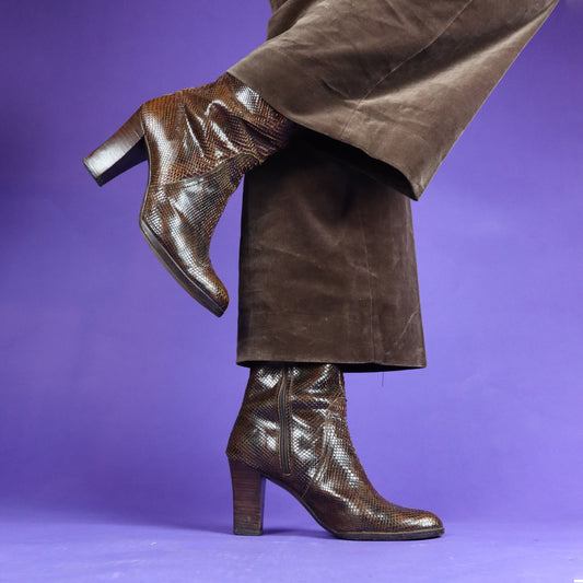 Vintage 1970s Brown Snakeskin Knee High Boots