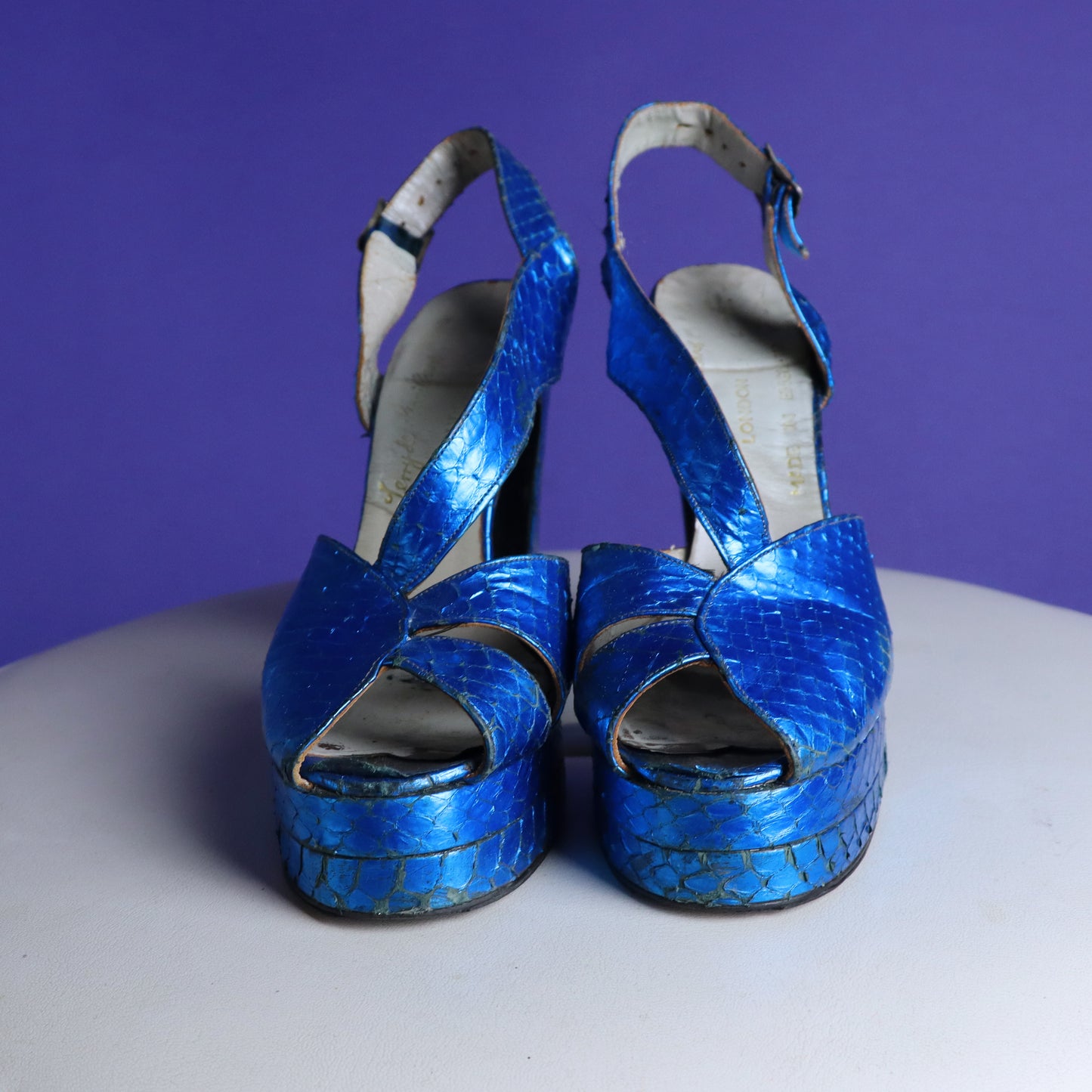 Vintage 1970s Terry De Havilland Electric Blue Snakeskin Platform Heels Shoes